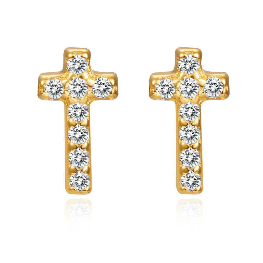 Gold Earrings Cross with Zircon