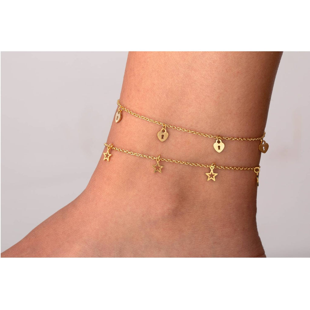 Steel Anklet - Heart Lock - 20+5cm - Gold Plated