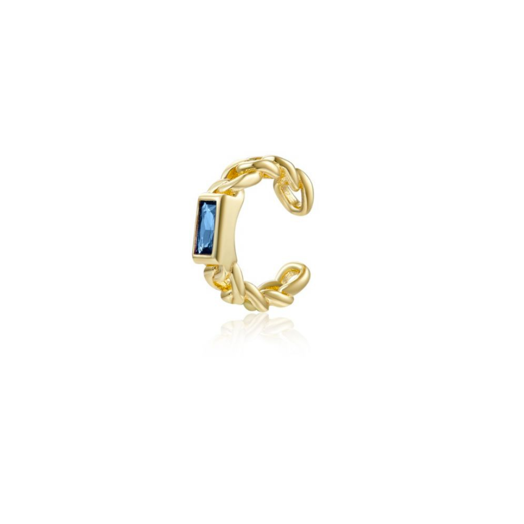 Zlatý ear cuff s modrými zirkony