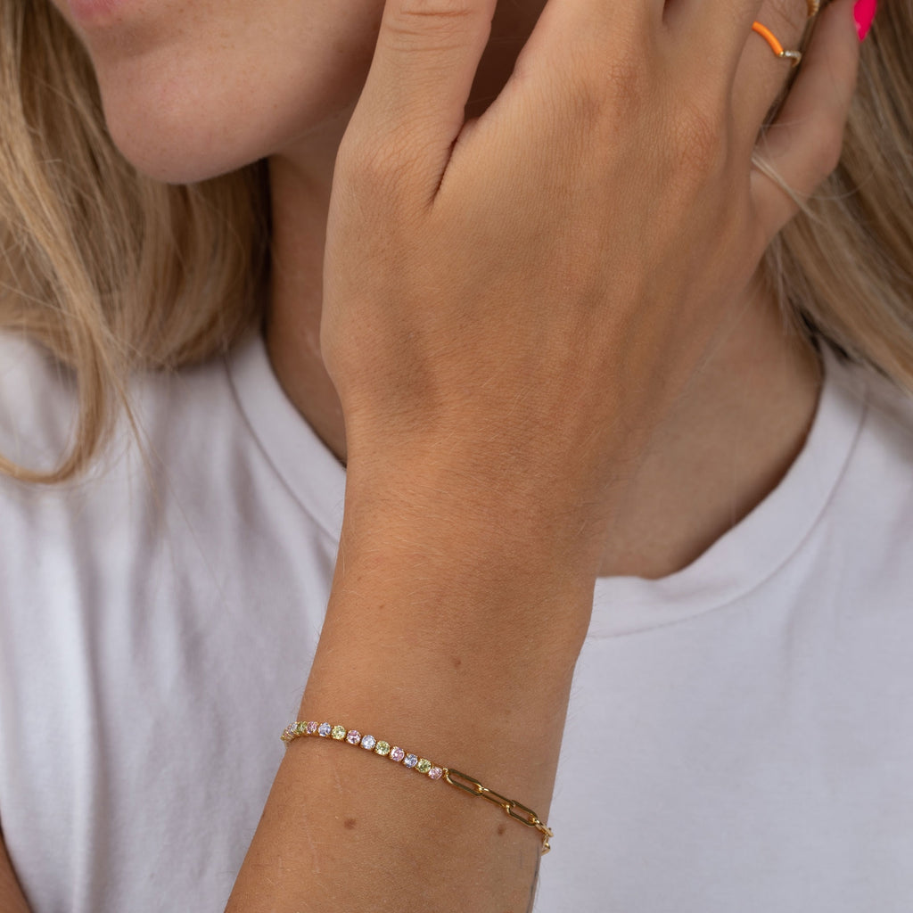 Tennis Link Bracelet - Zirconia - Gold Plated and Rhodium Silver