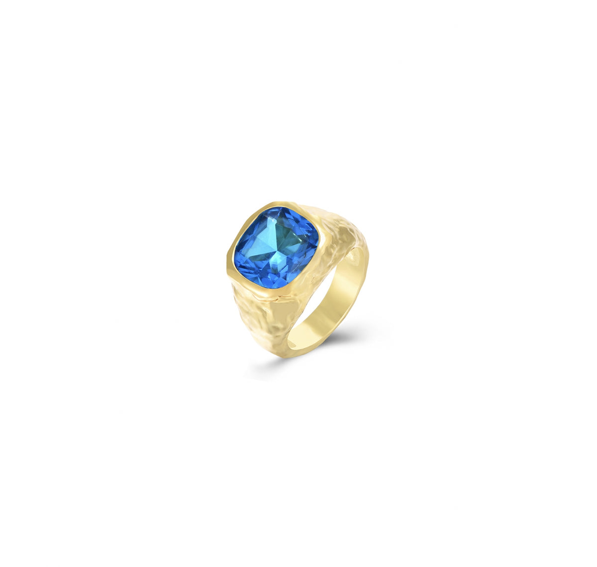 Square Hammered Bronze Ring - London Blue Topaz Zirconia - Gold Plated