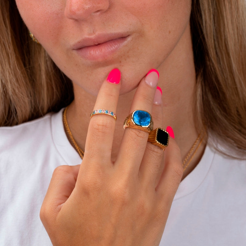 Square Hammered Bronze Ring - London Blue Topaz Zirconia - Gold Plated