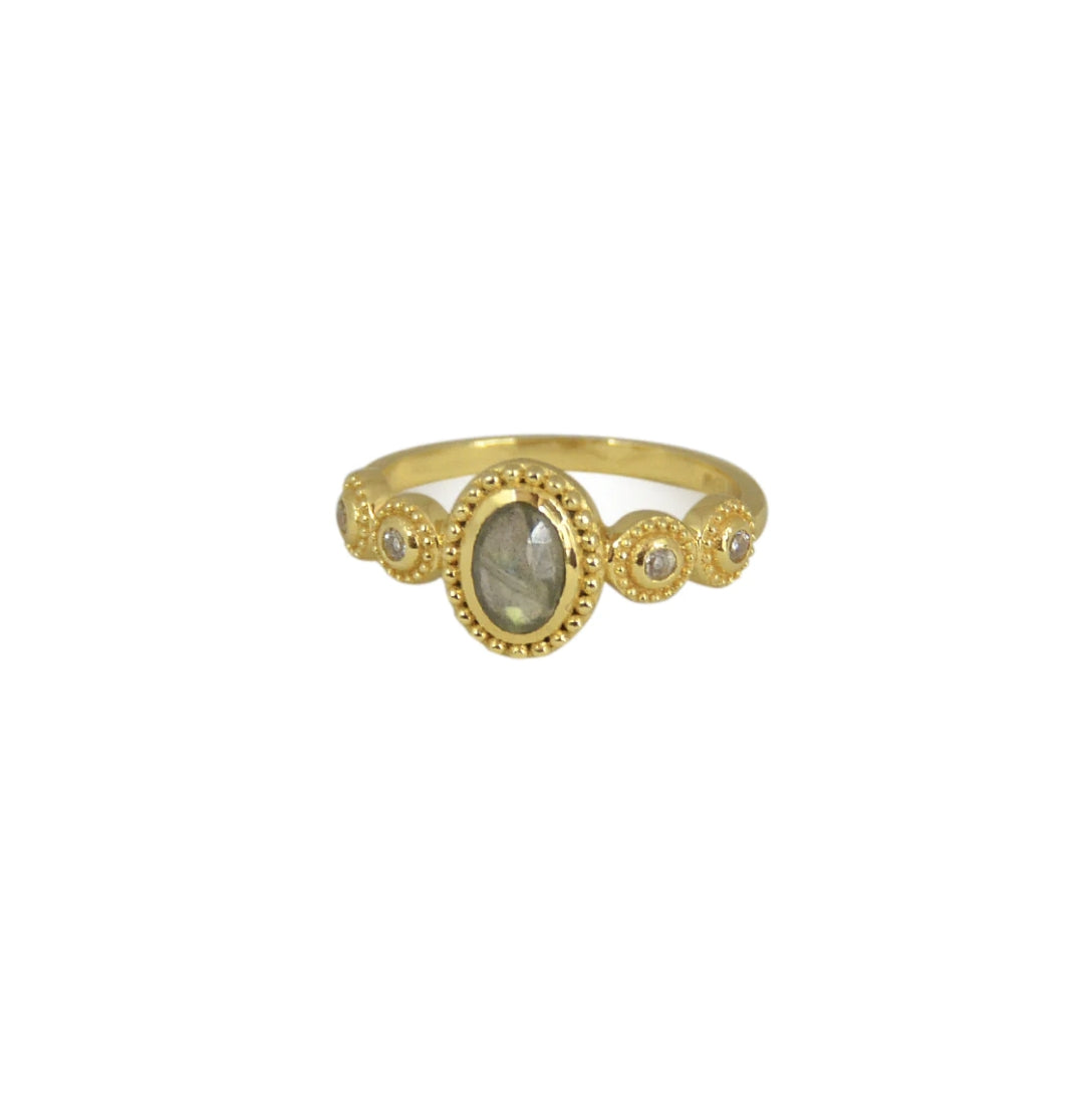 Baroque gold ring with stone and zircons