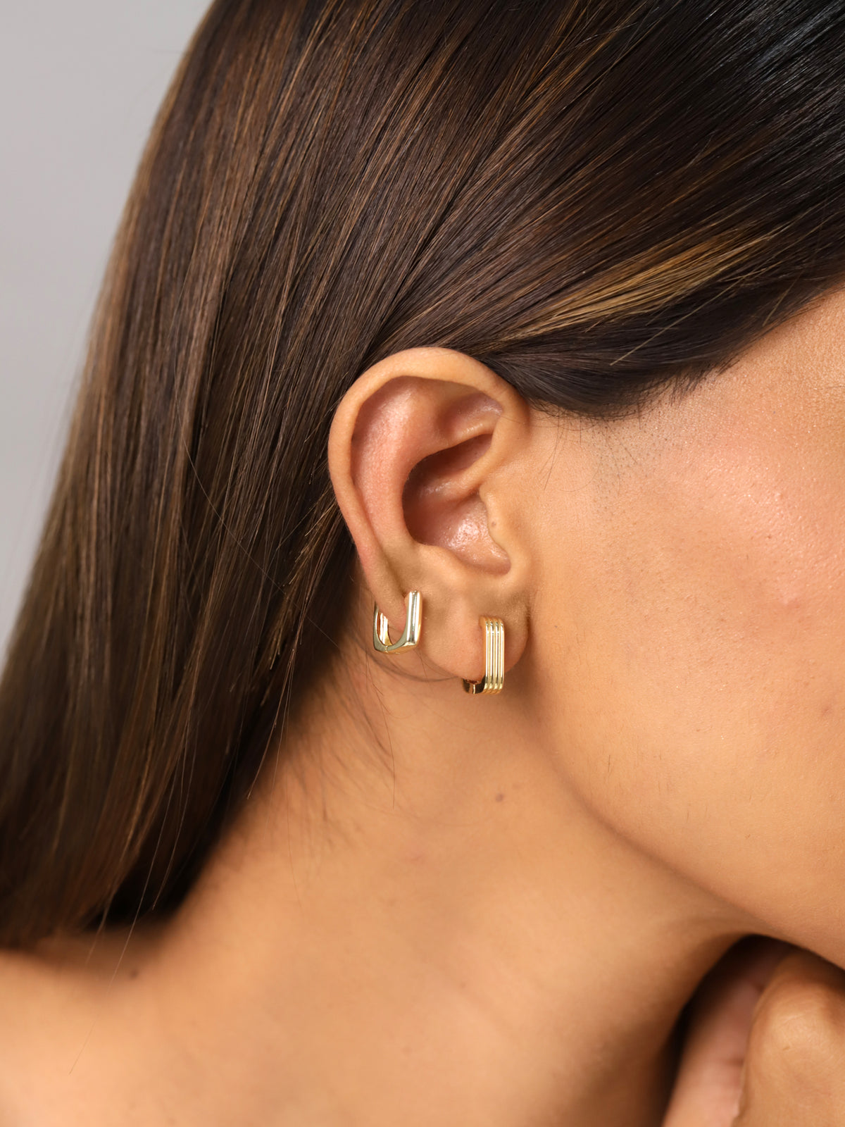 Square earrings with stripes - 14 mm - Gold plated and Rhodium Silver