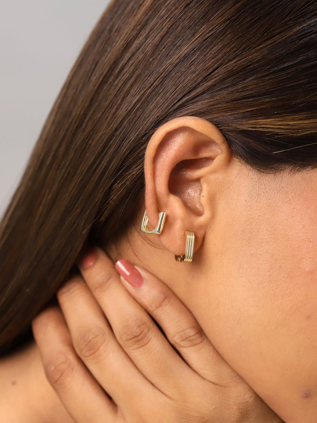 Square earrings with stripes - 14 mm - Gold plated and Rhodium Silver