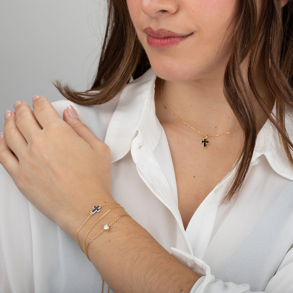 Cross Bracelet  - Zirconia - Gold Plated and Rhodium Silver
