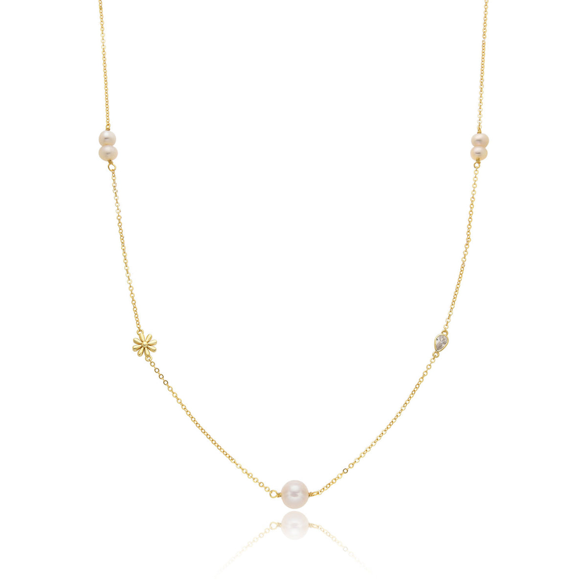 Silver gold plated Necklace with zircon, pearls and flower