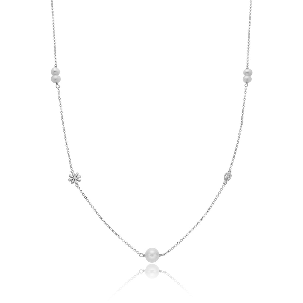 Silver Necklace with zircon, pearls and flower