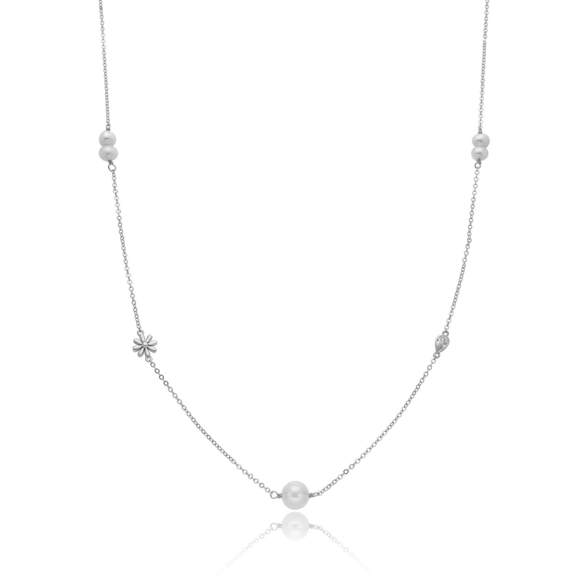 Silver Necklace with zircon, pearls and flower