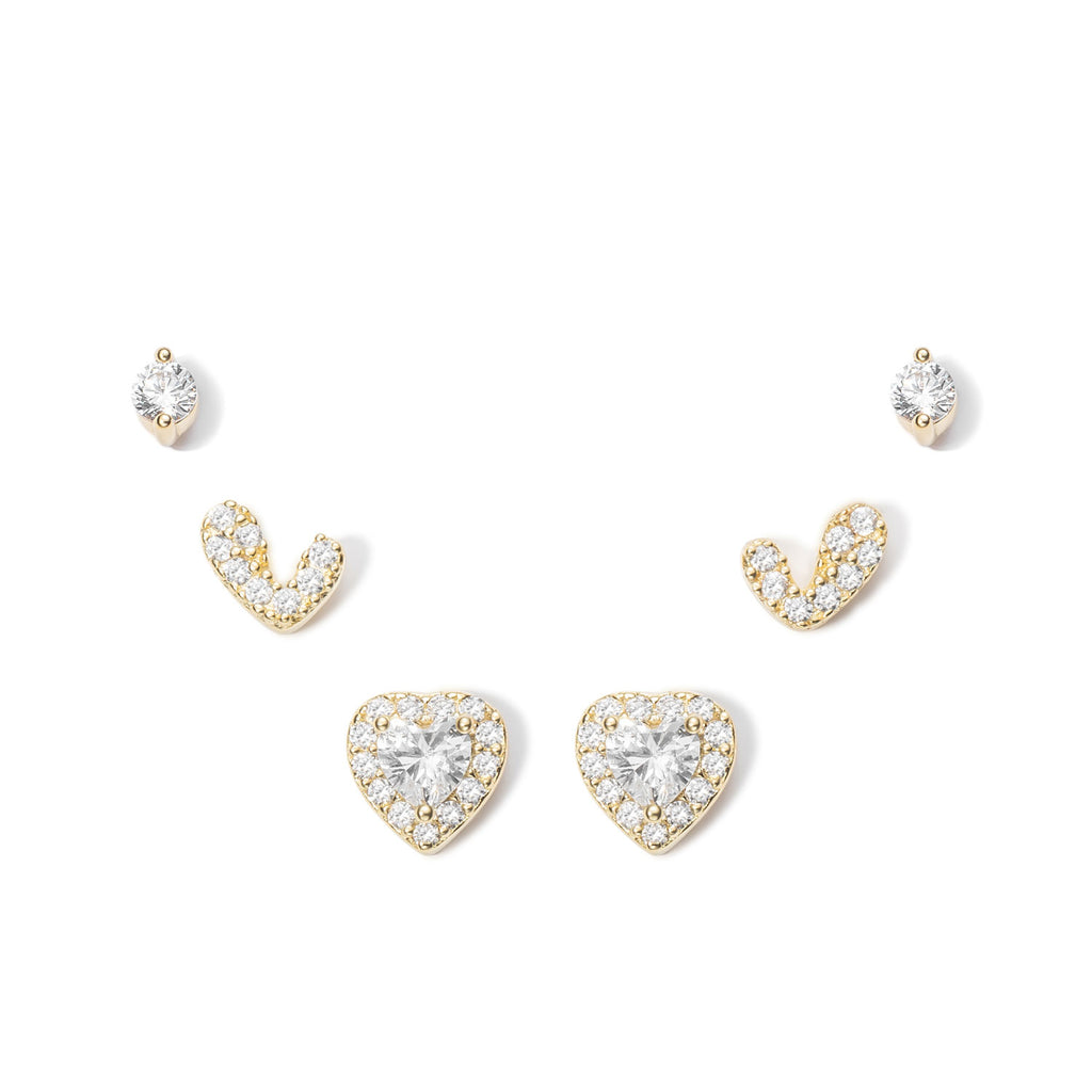 Silver Earrings - Pack of Three - Hearts and Circle - Gold Plated