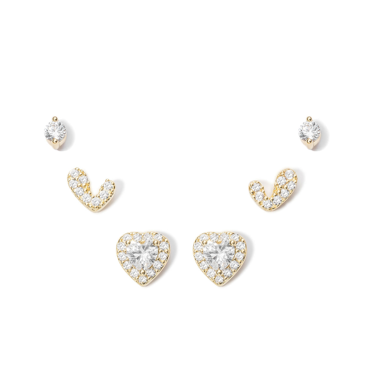 Silver Earrings - Pack of Three - Hearts and Circle - Gold Plated