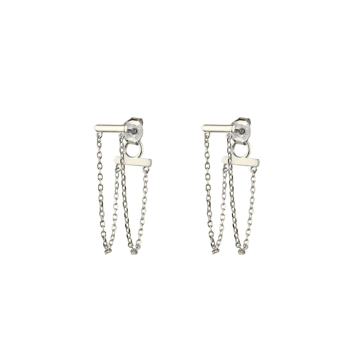 Bar with chain earrings - 27 mm - Rhodium Silver