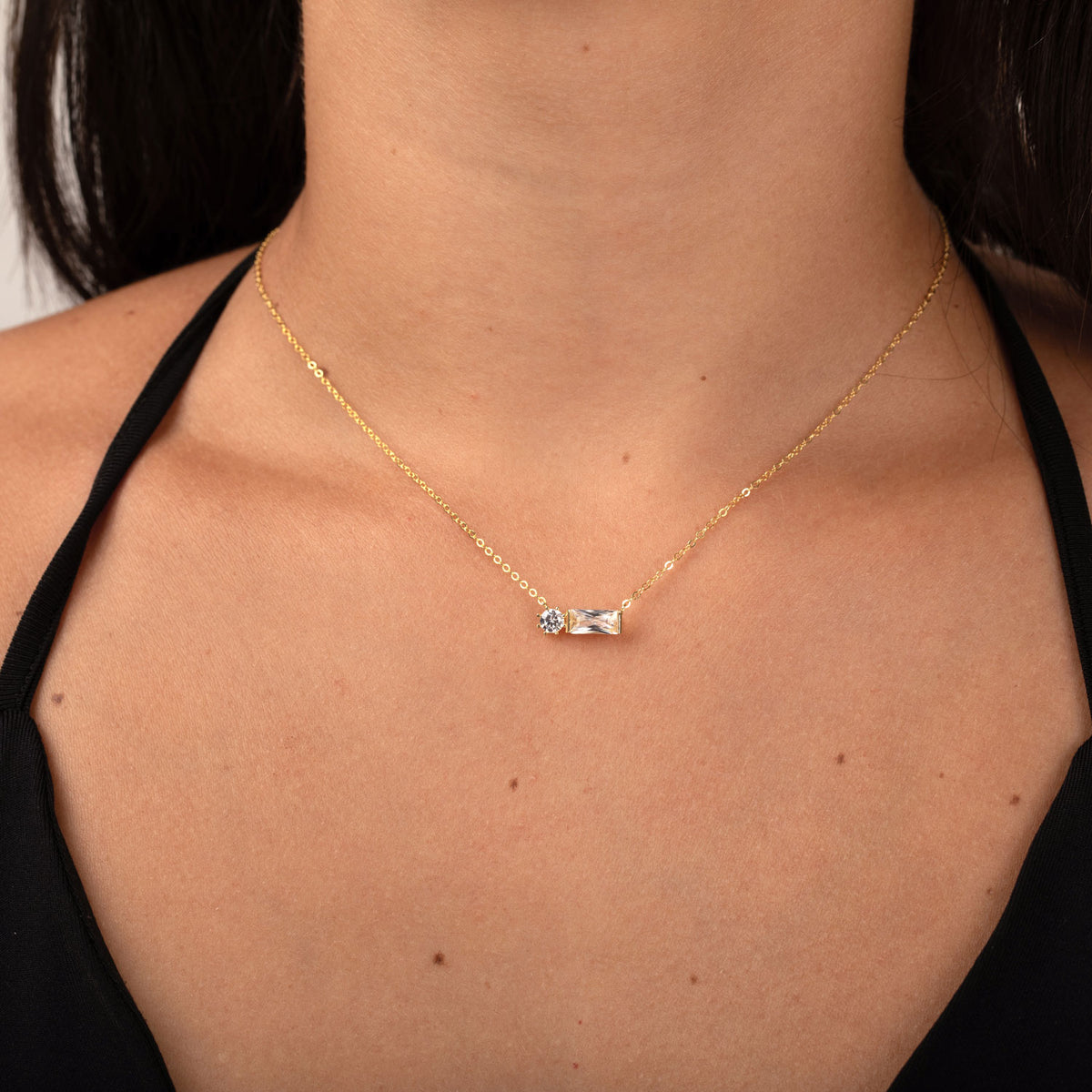 Cubic Zirconia Necklace - Rectangle and Circle - SIlver Gold Plated