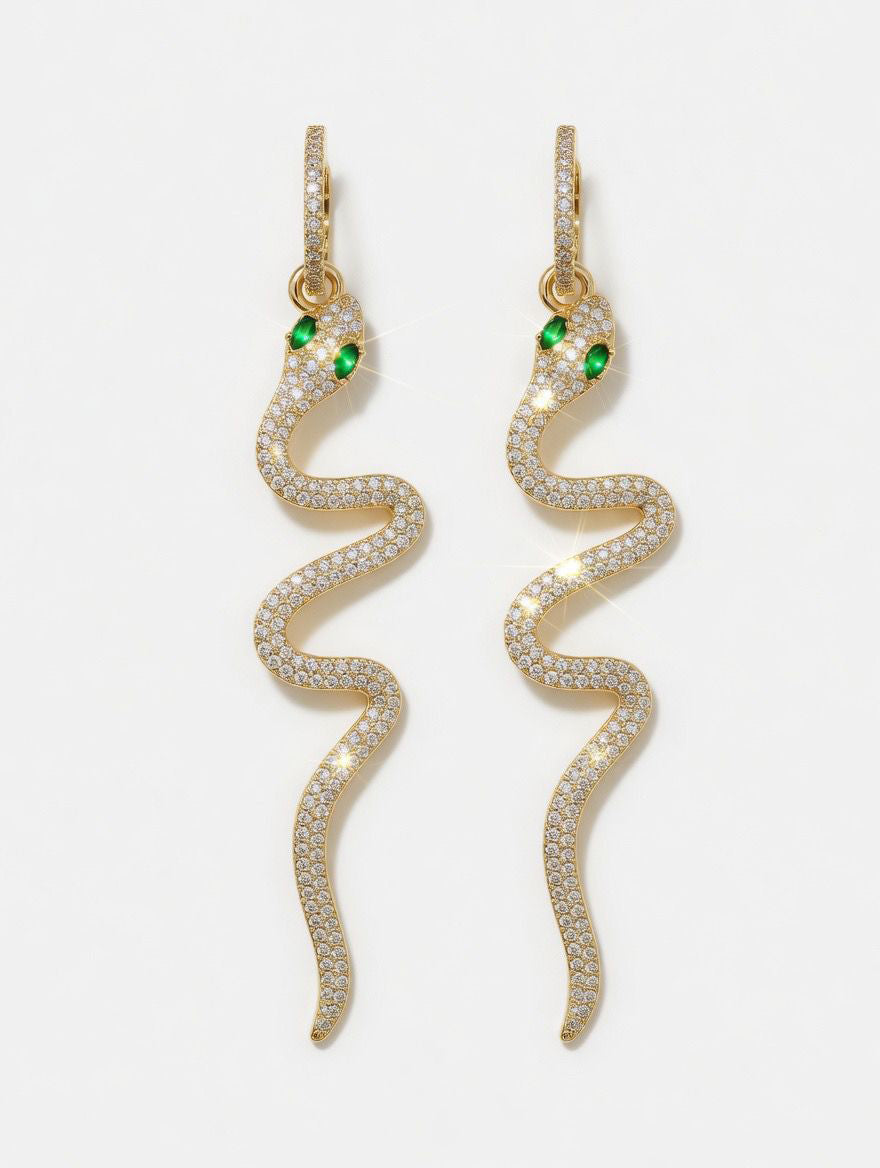 Earrings - Green Zirconia - Snake - 56 mm
