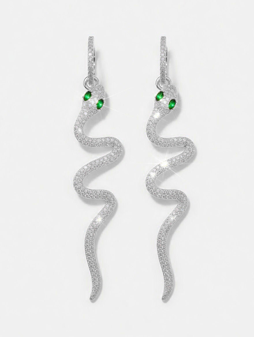 Earrings - Green Zirconia - Snake - 56 mm Silver
