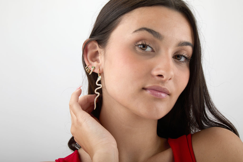 Earrings - Green Zirconia - Snake - 56 mm Silver