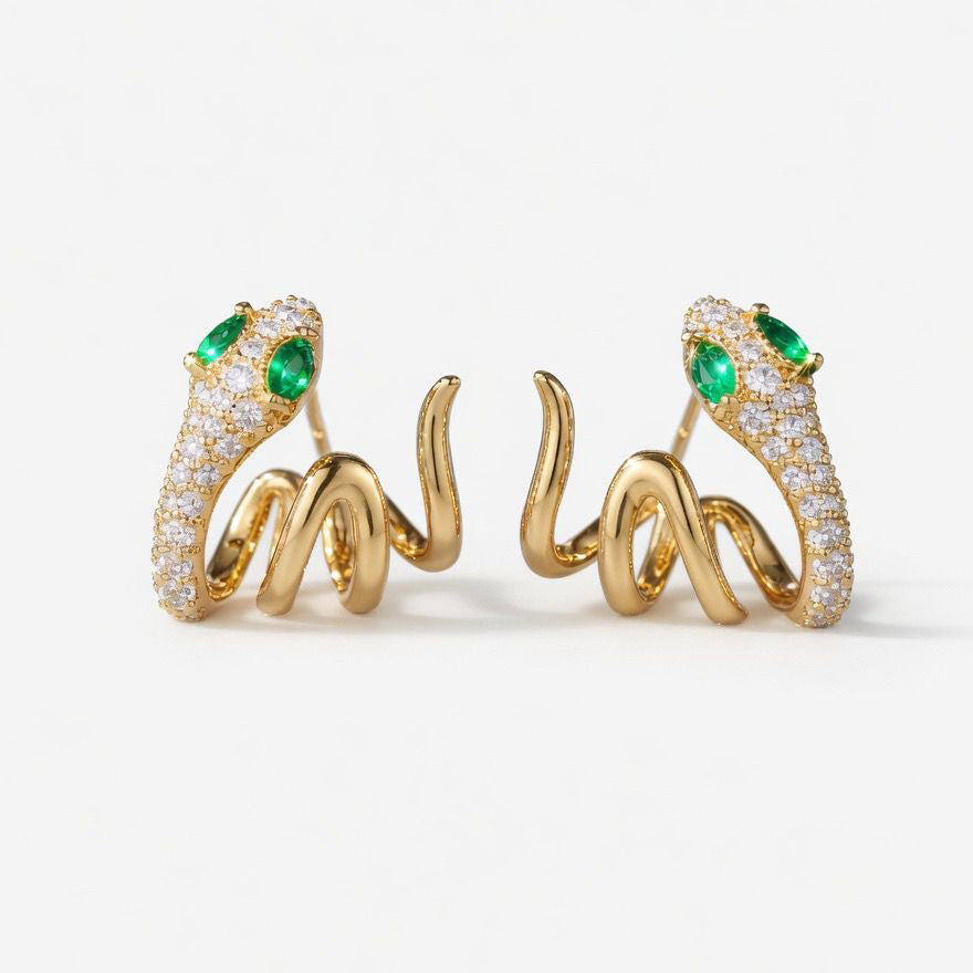 Earrings Ear Cuff - Green Zirconia - Snake - Gold Plated