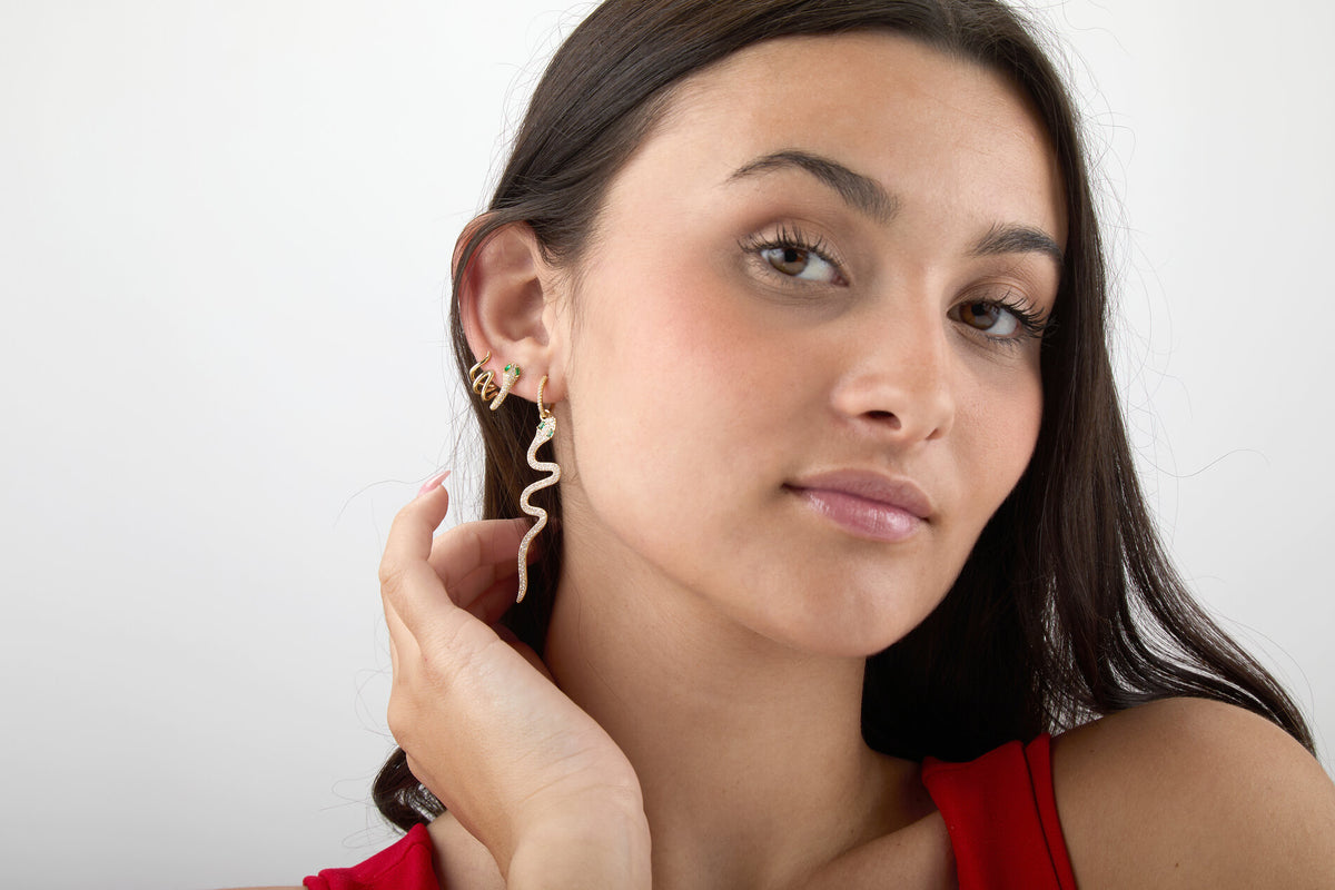 Earrings Ear Cuff - Green Zirconia - Snake - Gold Plated