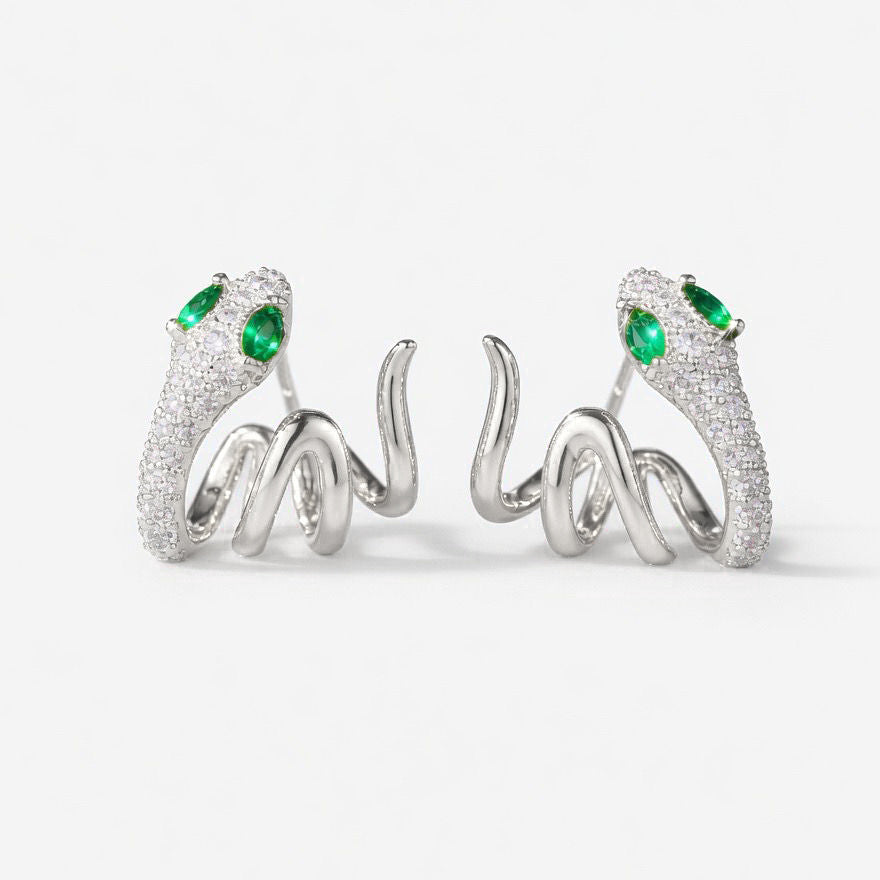Earrings Ear Cuff - Green Zirconia - Snake -  Rhodium Silver