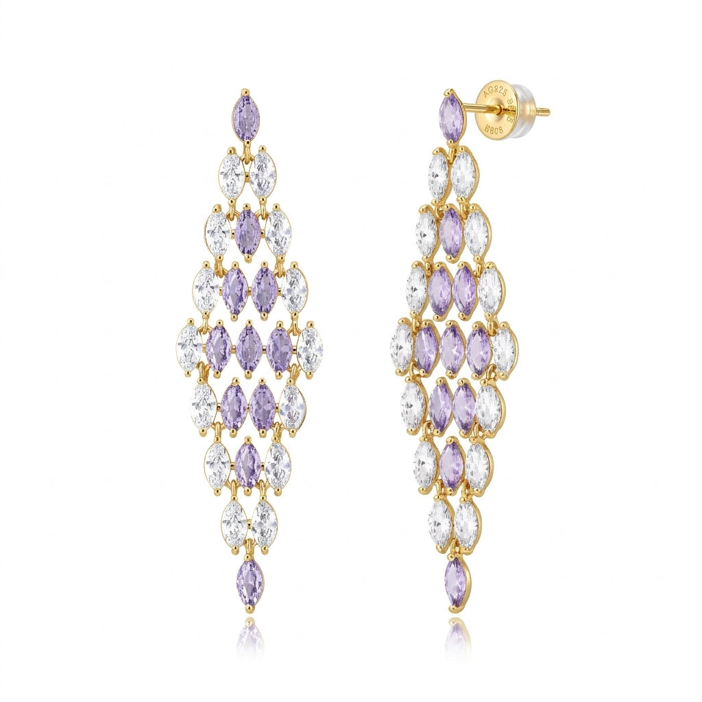 Earrings - Zirconia - Diamond Shape - 57 mm - Gold Plated