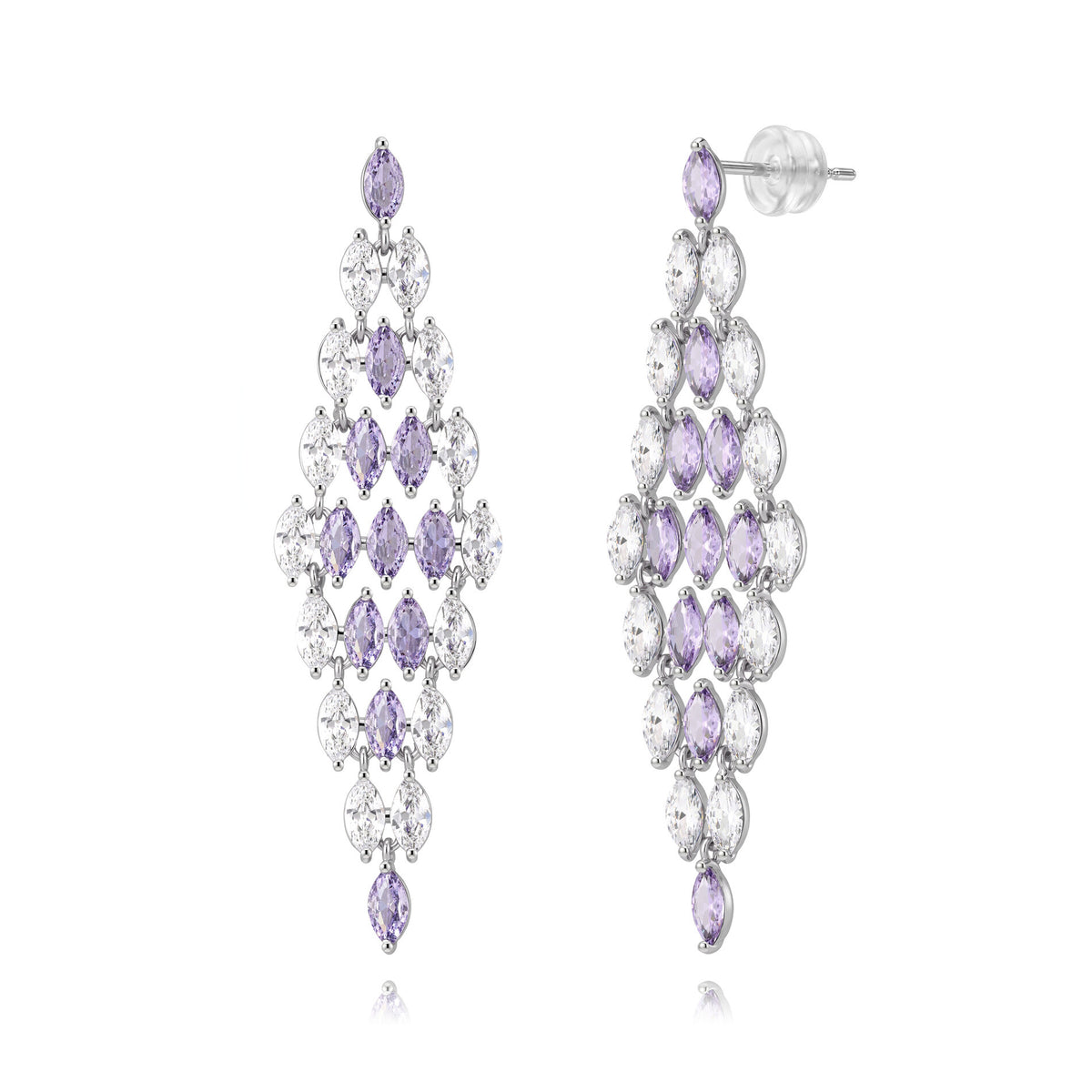 Earrings - Zirconia - Diamond Shape - 57 mm - Rhodium Silver