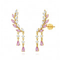 Earrings - Pink Zirconia - Feather - 44 mm - Gold Plated