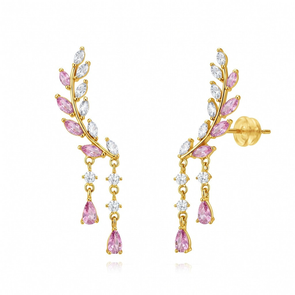 Earrings - Pink Zirconia - Feather - 44 mm - Gold Plated