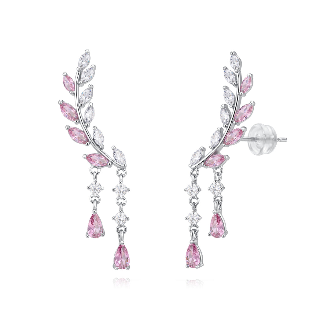 Earrings - Pink Zirconia - Feather - 44 mm - Rhodium Silver