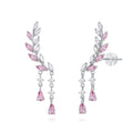 Earrings - Pink Zirconia - Feather - 44 mm - Rhodium Silver