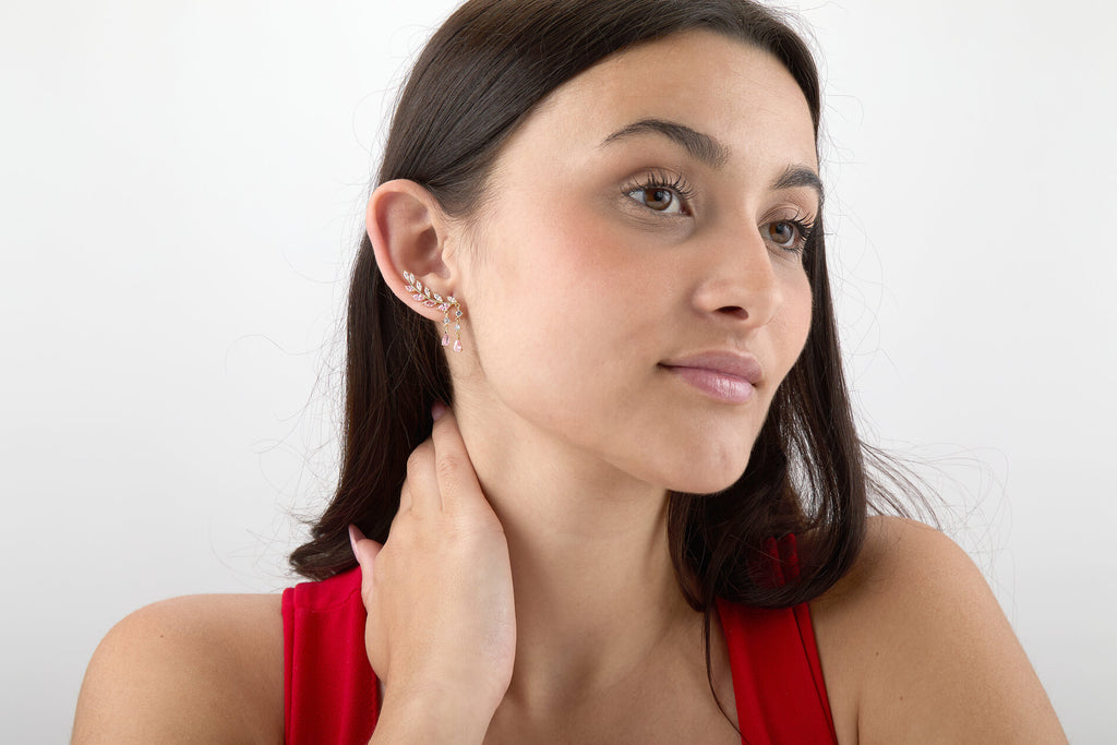 Earrings - Pink Zirconia - Feather - 44 mm - Rhodium Silver