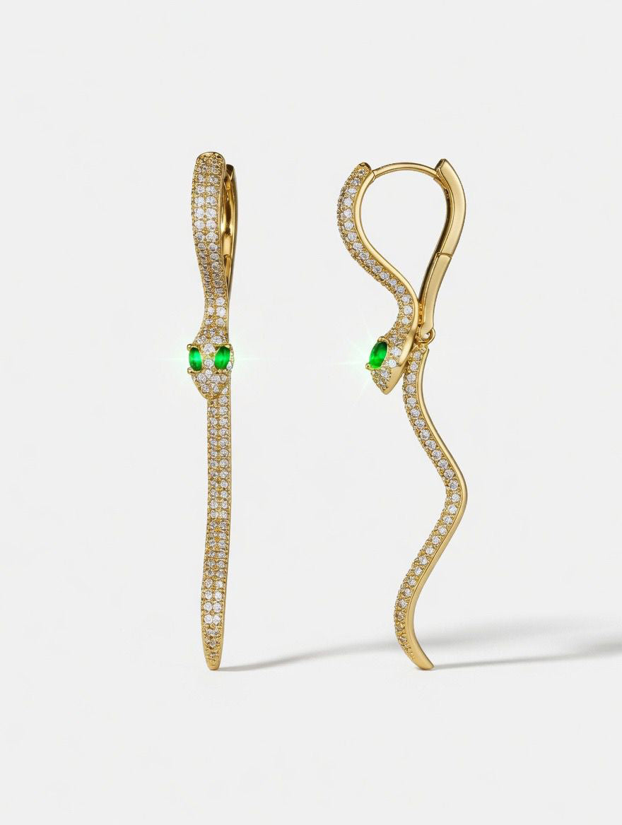Earrings - Green Zirconia - Snake - 58 mm - Gold Plated