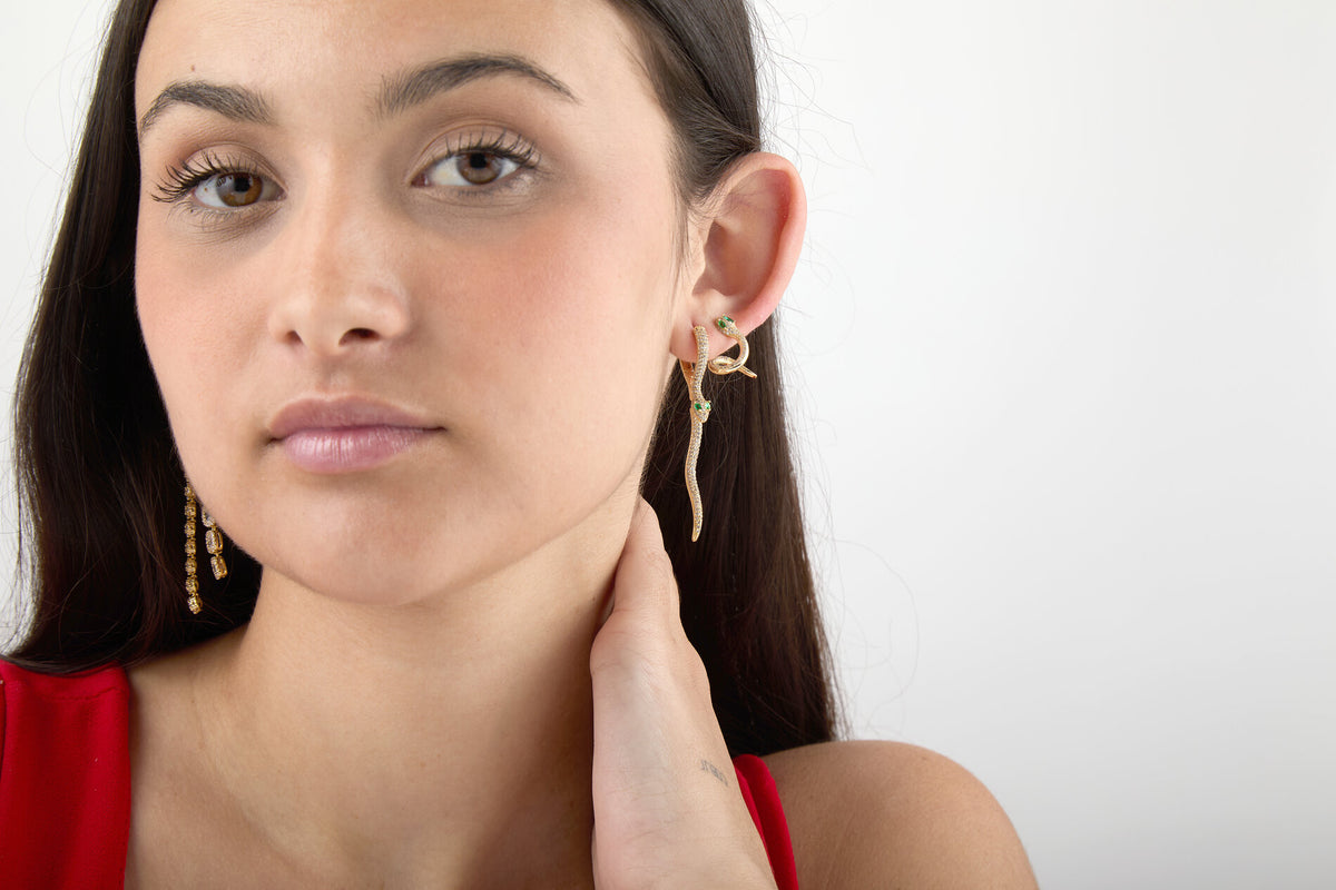 Earrings - Green Zirconia - Snake - 58 mm - Gold Plated