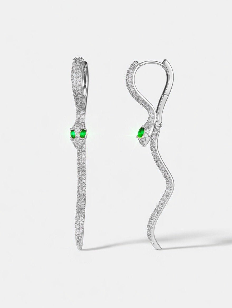 Earrings - Green Zirconia - Snake - 58 mm - Rhodium Silver