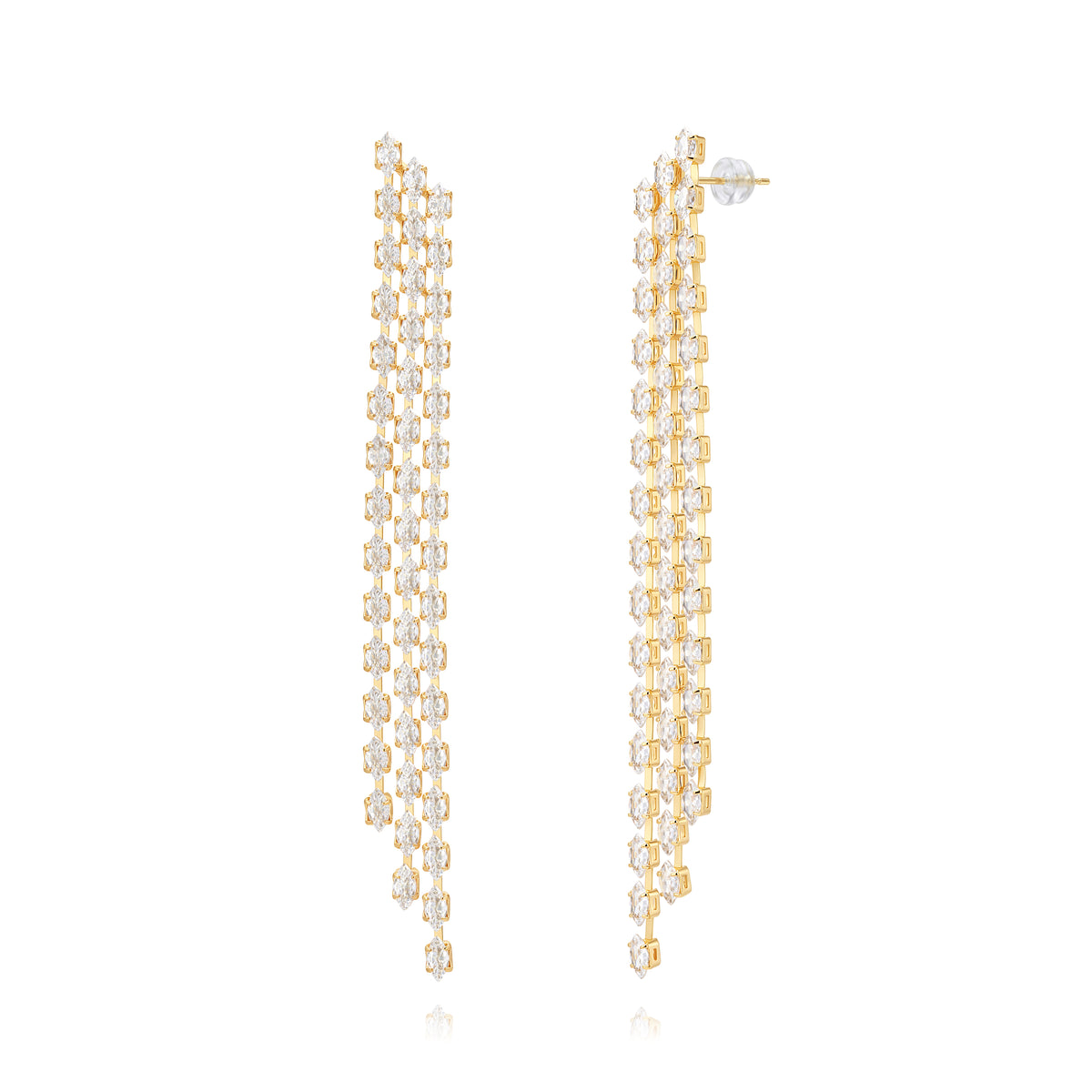 Earrings - Marquise Zirconia - Triple Long Pendant - 11 cm - Gold Plated