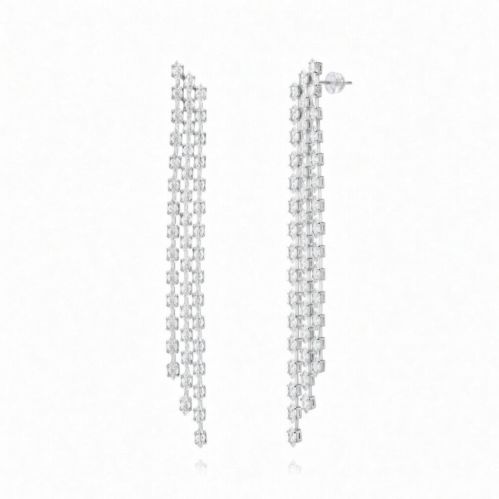 Earrings - Marquise Zirconia - Triple Long Pendant - 11 cm - Rhodium Silver