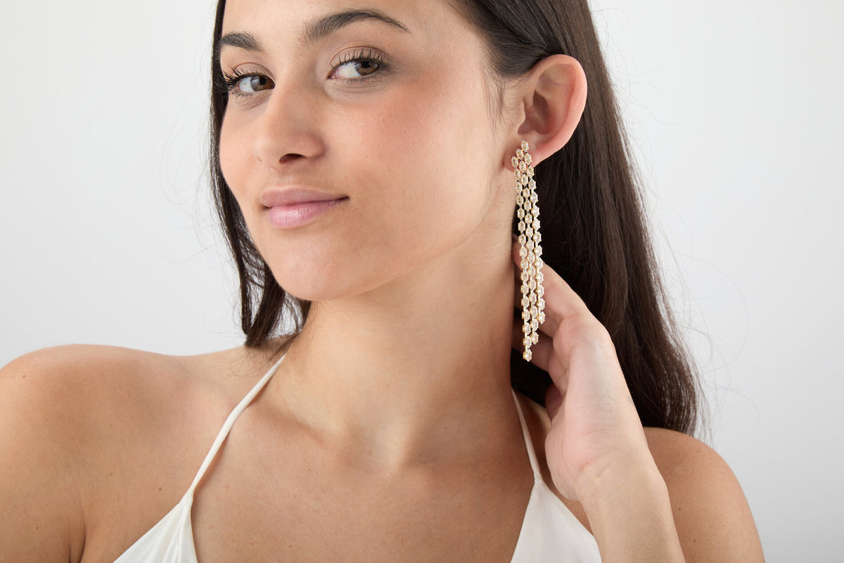 Earrings - Marquise Zirconia - Triple Long Pendant - 11 cm - Rhodium Silver