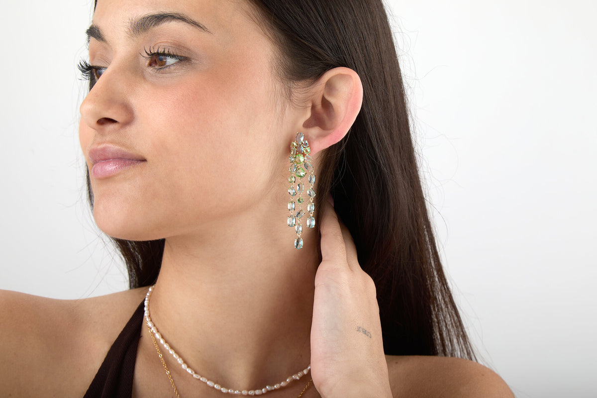 Earrings - Oval Zirconia - High Quality - Triple Long Pendant - 9 cm - Gold Plated
