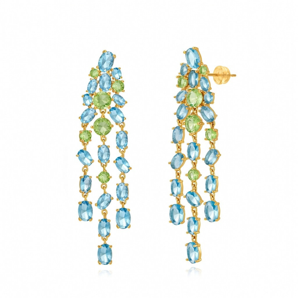 Earrings - Oval Zirconia - High Quality - Triple Long Pendant - 9 cm - Gold Plated