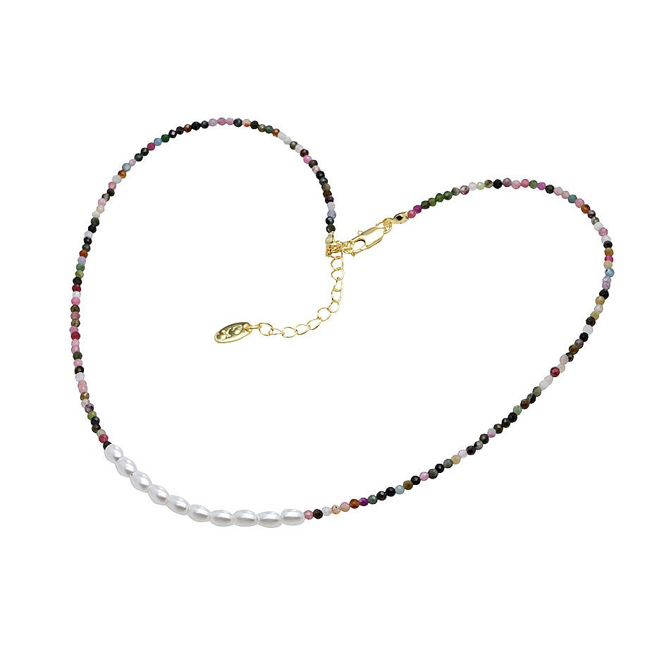 Mineral and Pearl Necklace - Tourmaline -  Gold Plated