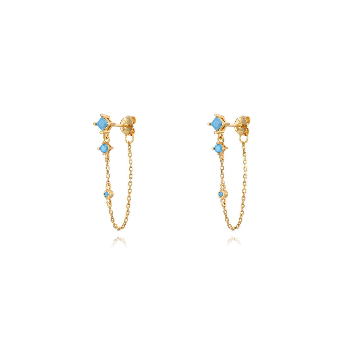 Chain Earrings - Turquoise Zirconia - Gold Plated