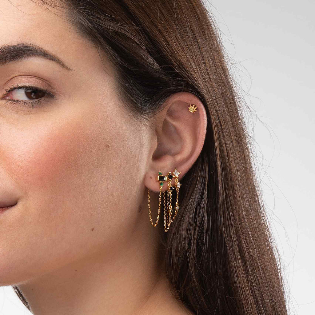 Chain Earrings - Turquoise Zirconia - Gold Plated