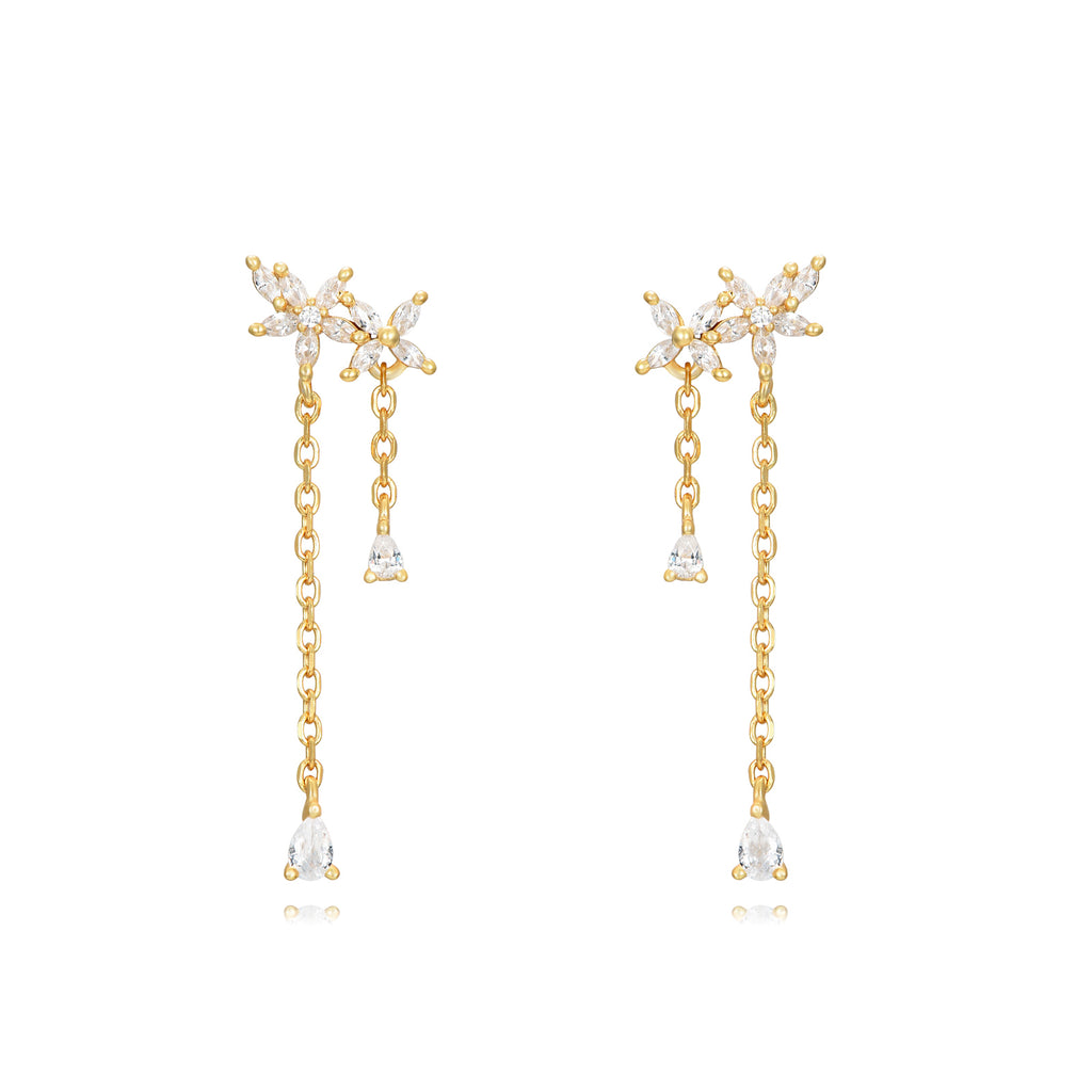 Large Chain Dangling Earrings - Flower Zircon - 30mm - Gold plated