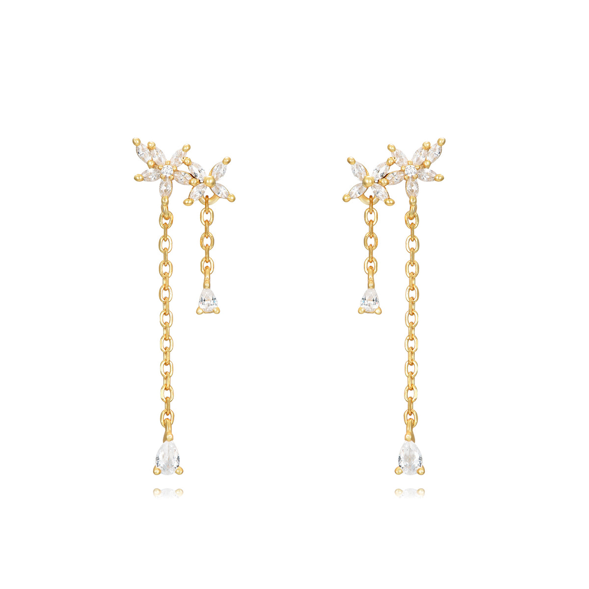 Large Chain Dangling Earrings - Flower Zircon - 30mm - Gold plated