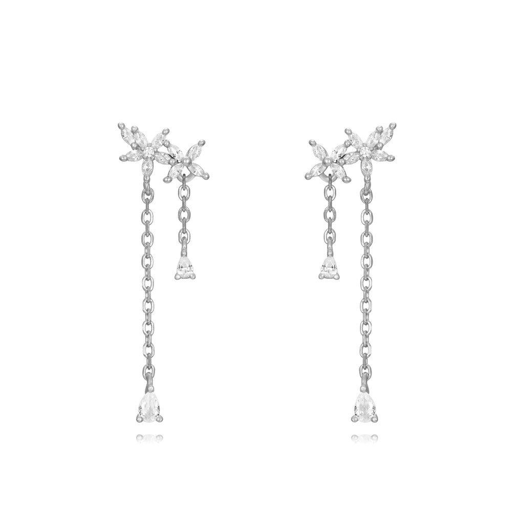 Large Chain Dangling Earrings - Flower Zircon  - Rhodium Silver