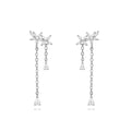 Large Chain Dangling Earrings - Flower Zircon  - Rhodium Silver