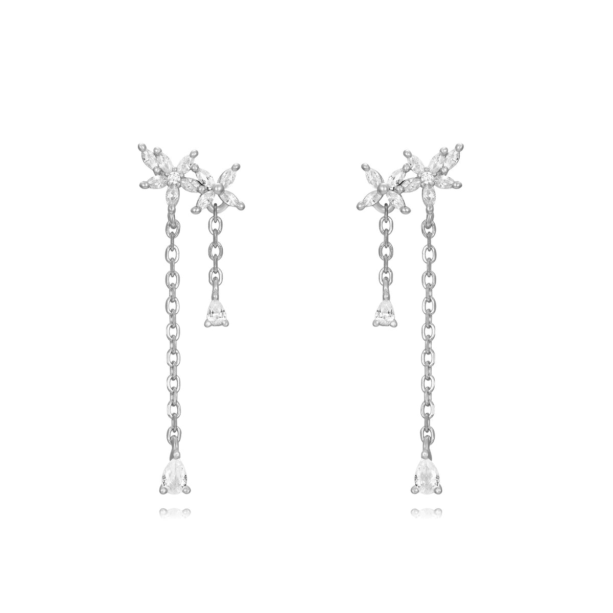 Large Chain Dangling Earrings - Flower Zircon  - Rhodium Silver