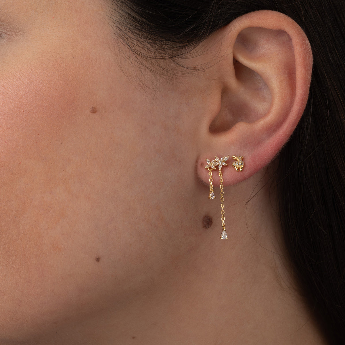 Large Chain Dangling Earrings - Flower Zircon  - Rhodium Silver