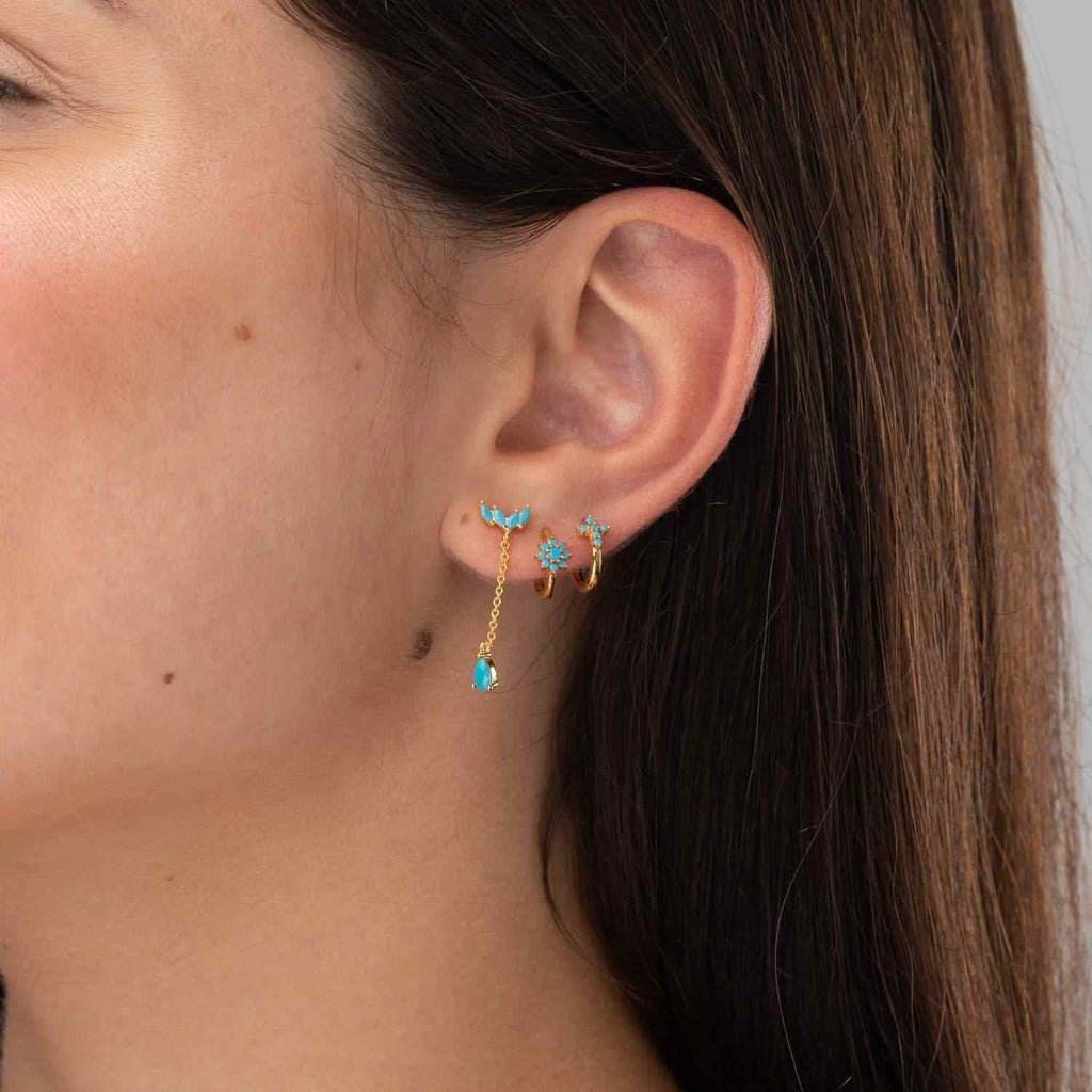 Chain Earrings -  Turquoise Zircon - Gold Plated