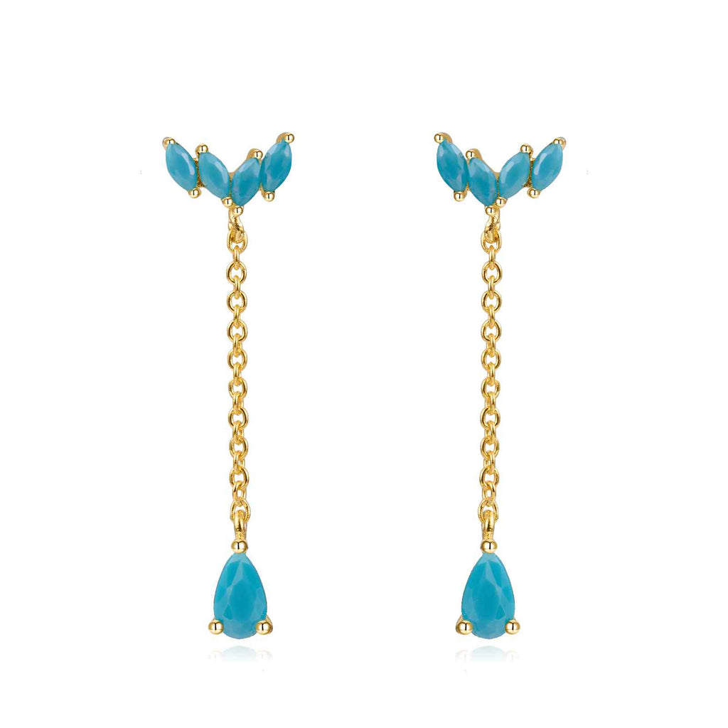 Chain Earrings -  Turquoise Zircon - Gold Plated
