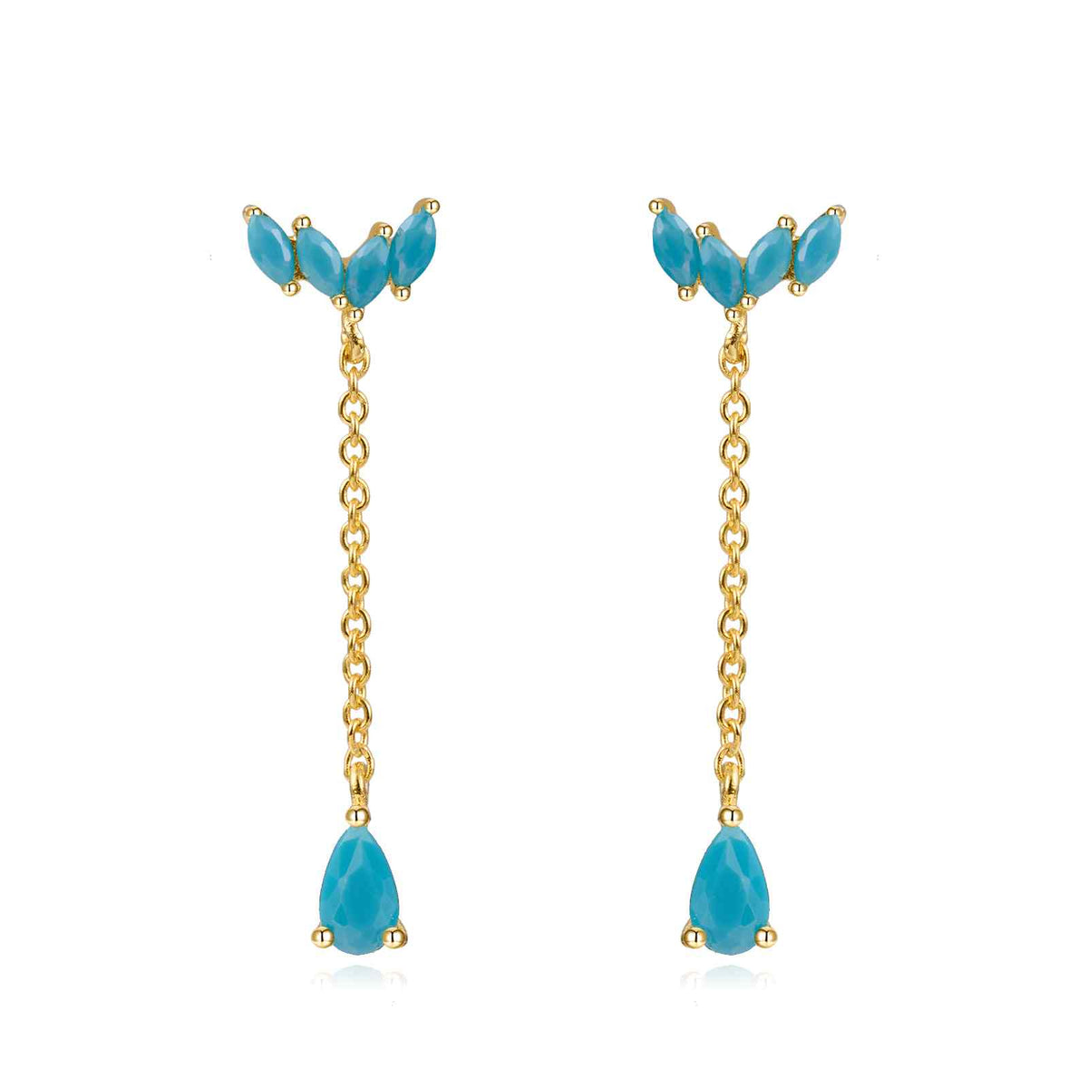 Chain Earrings -  Turquoise Zircon - Gold Plated